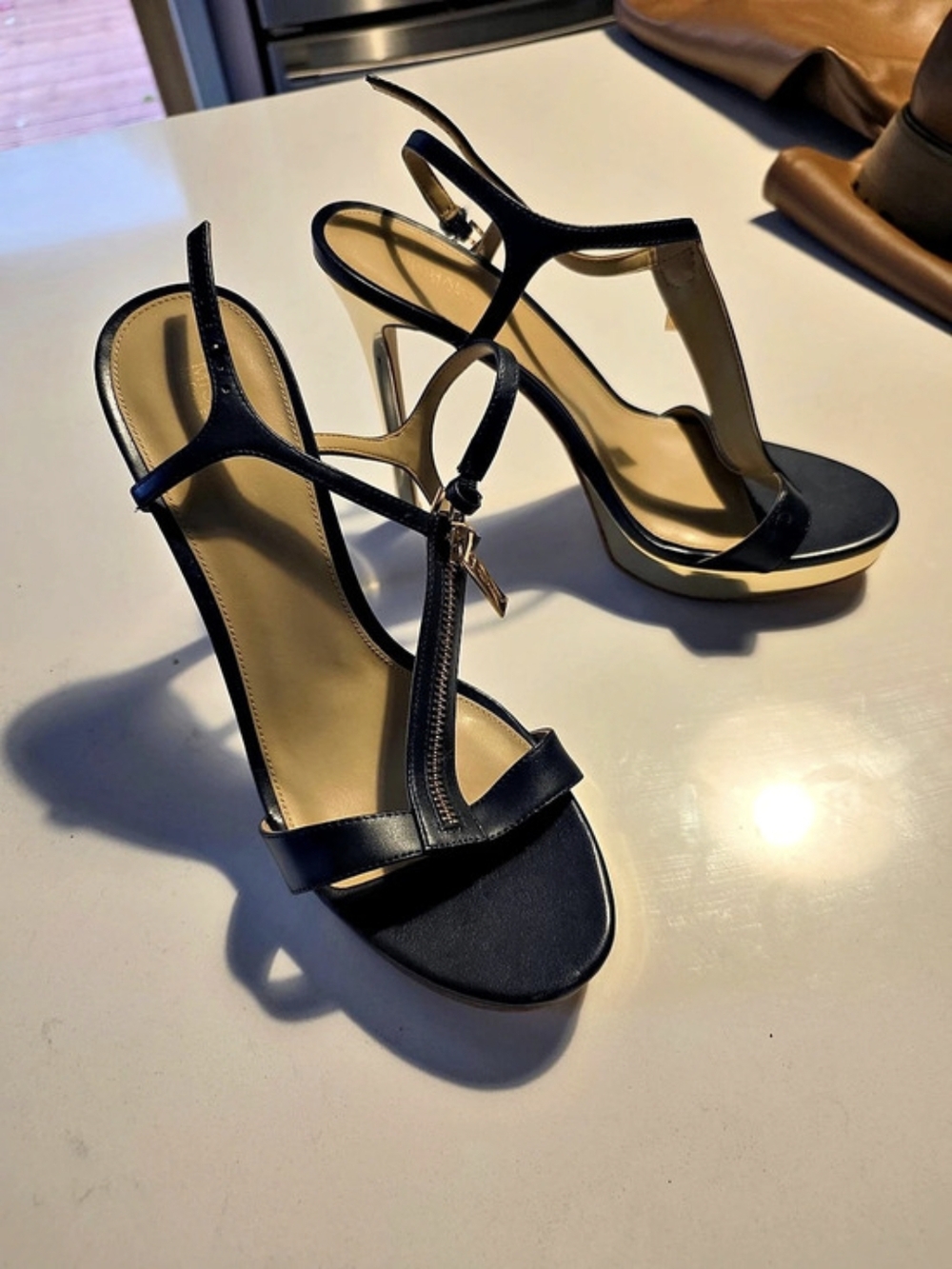 Michael Kors Navy Blue Strappy Stiletto With Gold Heels